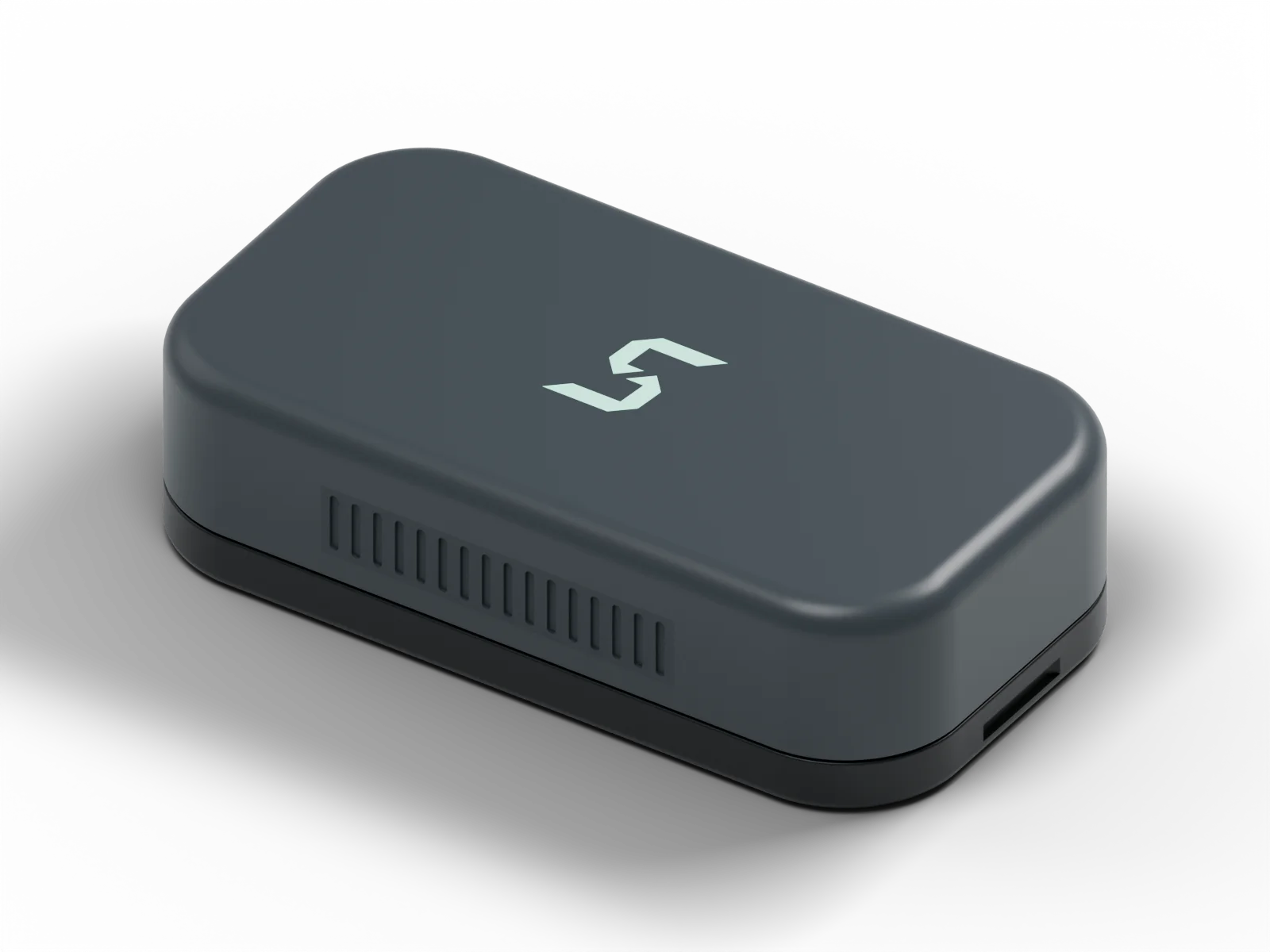 Strive puck concept: a compact graphite sensor with a softly rounded shell and illuminated S mark.